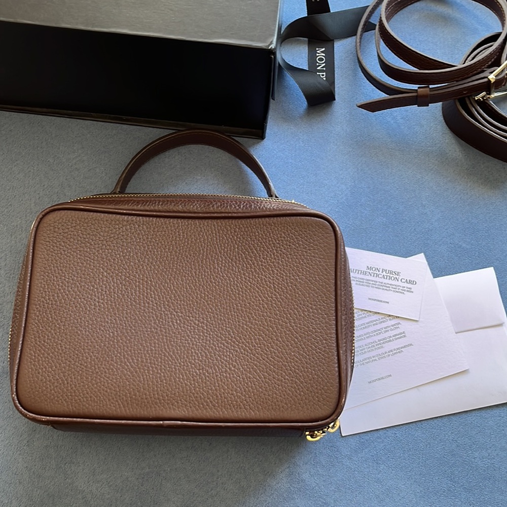 Mon Purse chocolate leather camera bag with box